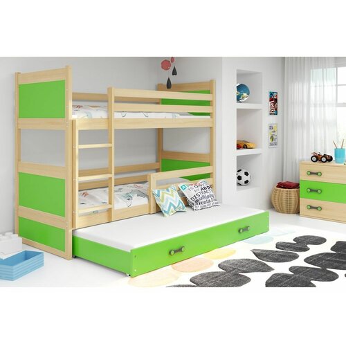 Rico drveni dečiji krevet na sprat sa tri kreveta - bukva - zeleni - 200x90 cm JJ9DX9A Slike