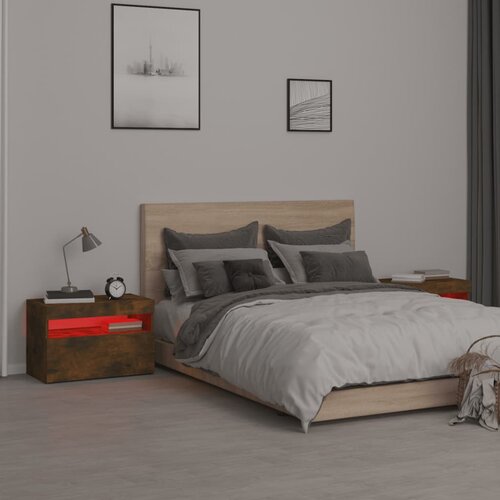  Noćni ormarići 2 kom s LED svjetlima dimljeni hrast 60x35x40 cm Slike