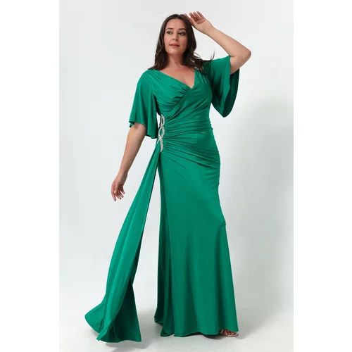Lafaba Women's Green Short Sleeve Slit Long Plus Size Evening Dress
