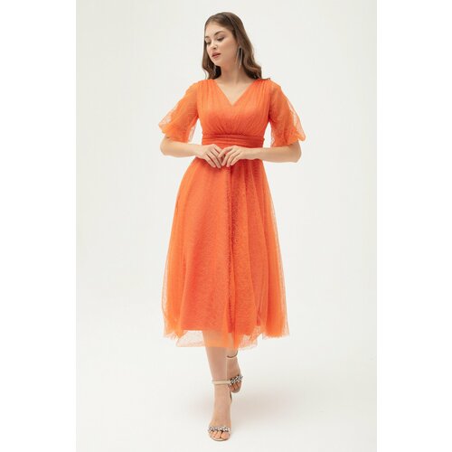 Lafaba Women's Orange Balloon Sleeve Silvery Evening Dress Slike