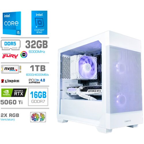 MEGA Računalnik MT S7X i5-14400F/RTX5060Ti-16GB/32GB-DDR5/1TB-4.0/750W/Brez OS/bela RGB + Estetski napajalni kabli [Bela], (5000130911) Cene