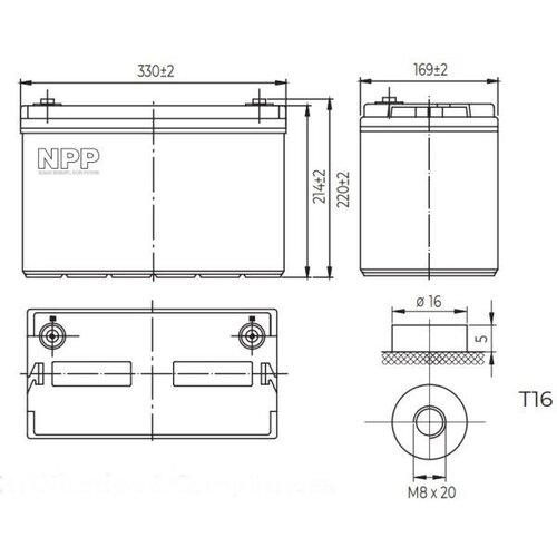 NPP NPG12V 100Ah, GEL BATTERY, C20=100AH, T16, 330x171x214x220, 27,3KG, Light grey Slike