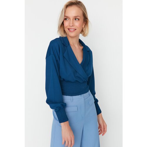 Trendyol Indigo Double Breasted Collar Gipe Knitted Blouse Slike