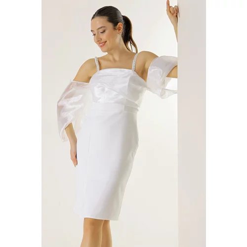 By Saygı Bead Detail Straps Organza Low Sleeve Lined Crepe Dress