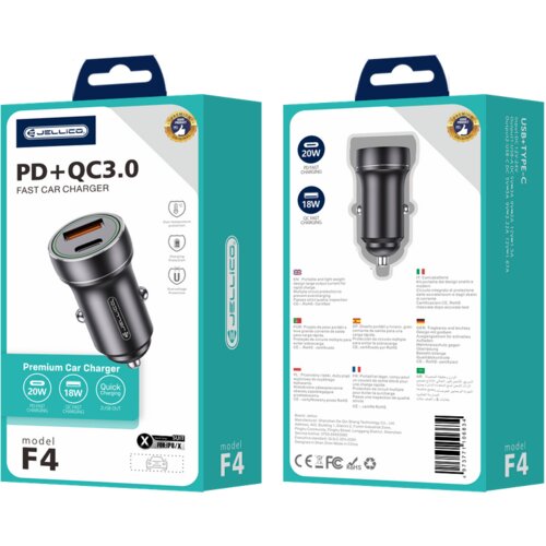 Jellico avtopolnilec F4 3.0A 20W Type C / USB A s kablom 1m Lightning - črn Cene