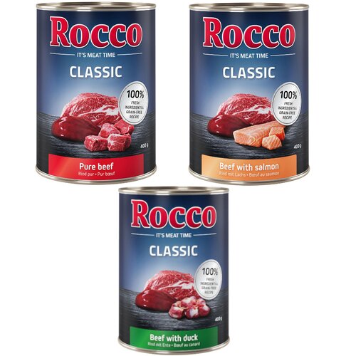 Rocco Classic poskusno pakiranje 6 x 400 g - Ekskluzivni miks: Čista govedina, govedina/losos, govedina/raca Cijene