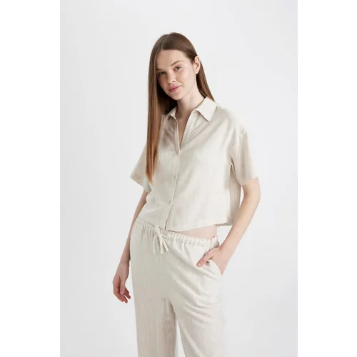 Defacto Oversize Fit Pajama Collar Linen Blend Short Sleeve Shirt