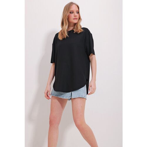 Trend Alaçatı Stili Women's Black Crew Neck Oval Cut Modal T-Shirt Slike