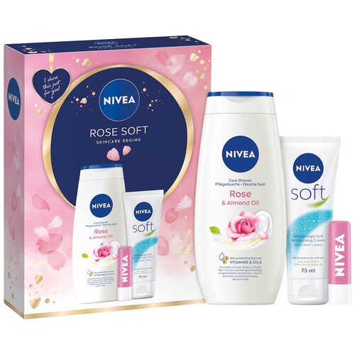 Nivea SET (W) Feel Beautiful, Sg 250ML Rose&amp;amp;Almond Oil + Soft Krema 75ML + Soft Rose Lip Balm 4,8G Slike