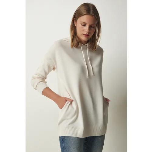  Women's Cream Hooded Pocket Knitwear Sweater