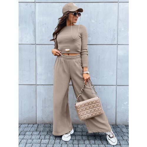 DStreet Women's set of wide trousers and crop top with long sleeves ASTRAL ALLURE dark beige Cene