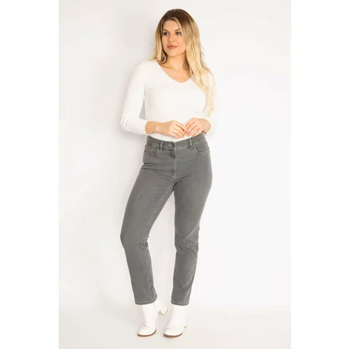 Şans Women's Large Size Gray 5 Pocket Jeans Trousers