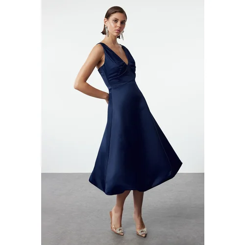 Trendyol Navy Blue A-Line Matte Satin Balloon Skirt Detailed Elegant Evening Dress