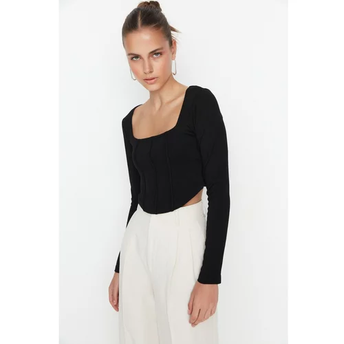 Trendyol Black Square Neck Rib Detailed Crop Knitted Blouse