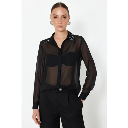 Trendyol Black Transparent Shiny Stone Chiffon Shirt