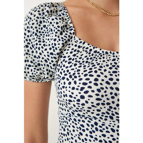  Women's Navy Blue Bone Gathered Saran Summer Knitted Dress Cene