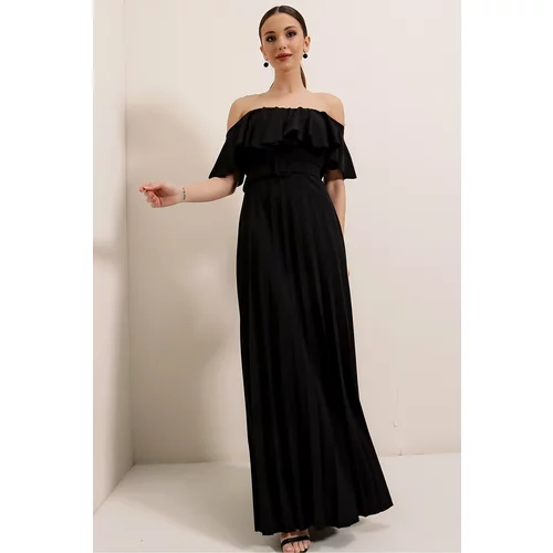 By Saygı Ruffle Collar with Belted Waist, Pleated Long Dress Black
