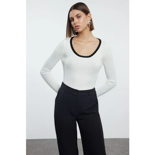 Trendyol Ecru Ribbed Pool Collar Color Block Knitwear Sweater