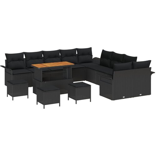VidaXL Set od 14 komada vrtne sofe s jastučićima crna Poli ratan akacija, Dvosjed vrtna sofa s skladi&amp;scaron;tem i jastučićima crna Poli ratan, Set od 4 komada vrtne blagovaonice s jastučićima crna Poli ratan akacija Slike