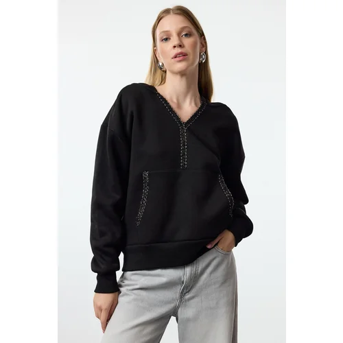 Trendyol Black Black Accessory Detailed Hooded Relaxed/Comfortable Fit Knitted Sweatshirt