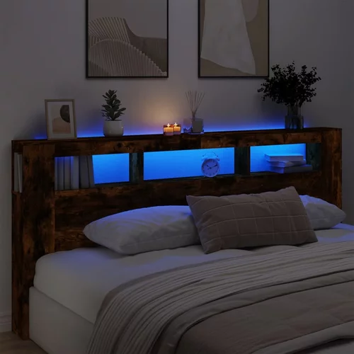 vidaXL LED posteljno vzglavje dimljen hrast 220x18,5x103,5 cm inž. les