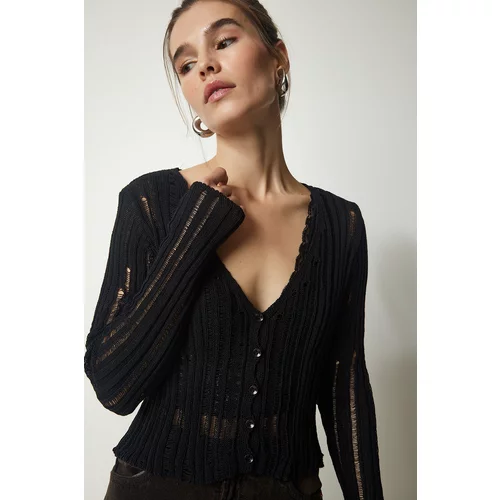 Happiness İstanbul Women's Black Ripped Detailed Button Knitwear Cardigan