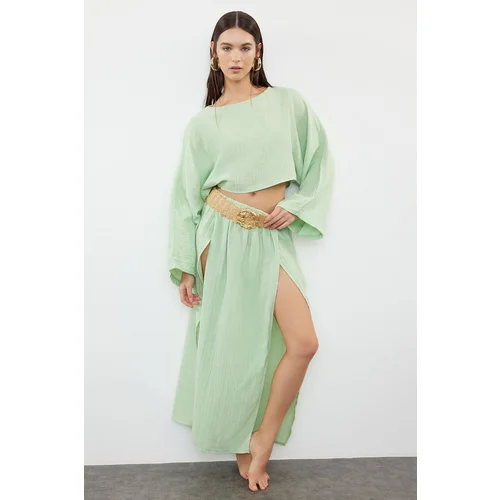 Trendyol Mint Woven Slit Muslin Blouse Skirt Set