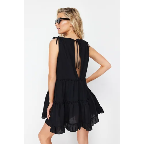 Trendyol Black Wide Fit Mini Woven Ruffle 100% Cotton Beach Dress