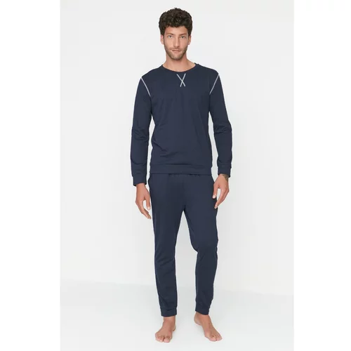 Trendyol Men's Navy Regular Fit Bedstead Stitched Knitted Pajamas Set