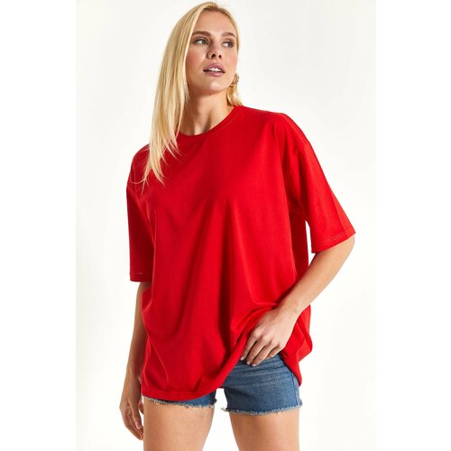 armonika Women's Red Round Collar Oversize T-shirt Cene