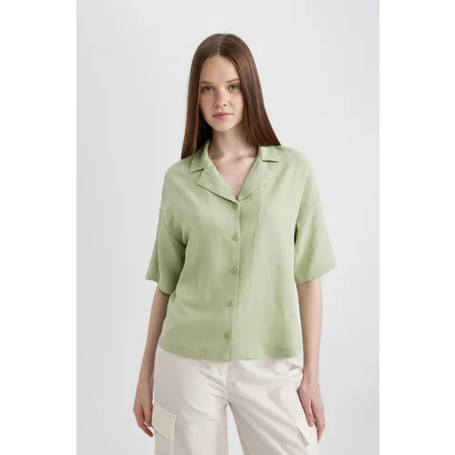 Defacto Oversize Fit Pajama Collar Linen Blend Short Sleeve Shirt