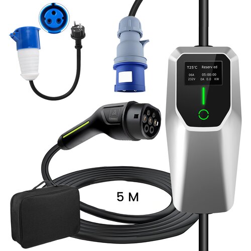 JUNSUN Tip 2 EV električni avtomobilski polnilni kabel – Trifazni 7KW, nastavljiv tok, LCD zaslon, prenosni polnilnik 5 m z vtičem Schuko 6-32A IP67, (22148591) Cene