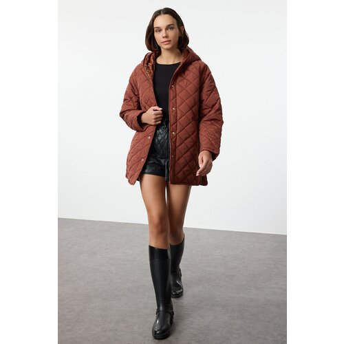 Trendyol Dark Brown Oversize Pattern Hooded Water Repellent Quilted Coat Slike