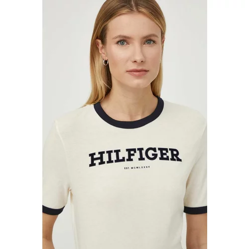Tommy Hilfiger Bombažna kratka majica ženski, bež barva