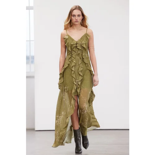 Trendyol Khaki flower Patterned Flounced Chiffon Evening Dress