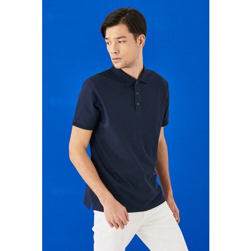 ALTINYILDIZ CLASSICS Men's Navy Blue 100% Cotton Roll-Up Collar Slim Fit Slim Fit Polo Neck Short Sleeved T-Shirt. Slike