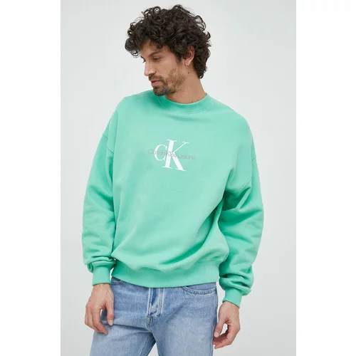 Calvin Klein Jeans Bombažen pulover moška, turkizna barva