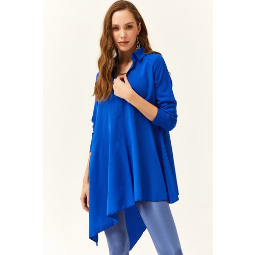 Olalook Women's Saxe Blue Shirt Collar Asymmetric Tunic Cene