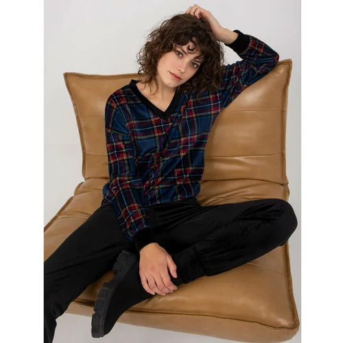 Fashion Hunters Dark blue velor set with a checked blouse from RUE PARIS
