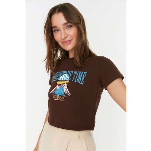 Trendyol Brown Printed Crop Knitted T-Shirt Slike