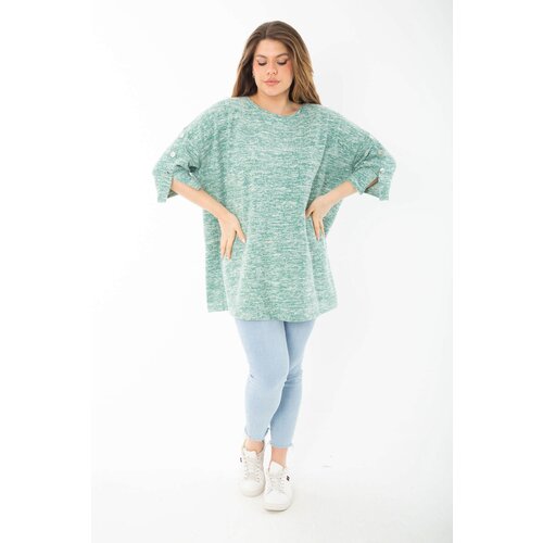 Şans Women's Plus Size Green Embellished Thick Tunic with Ornamental Metal Buttons Slike