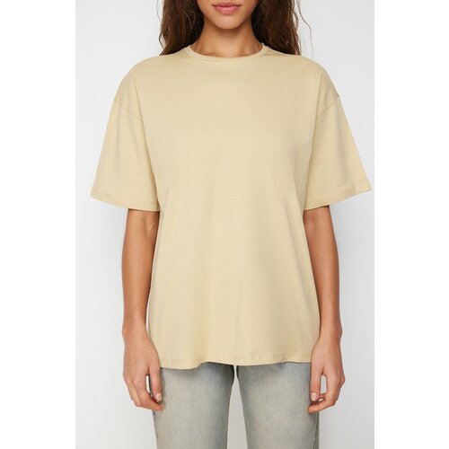 Trendyol Dark Beige 100% Cotton Oversize/Wide Fit Crew Neck Knitted T-Shirt Cene