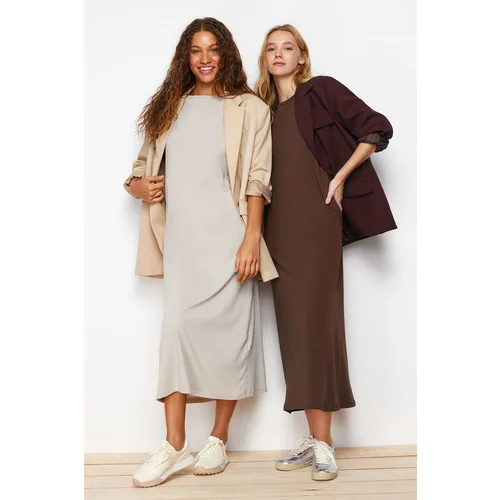 Trendyol Brown-Beige 2 Pack 100% Cotton Knitted Lining Dress