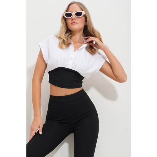 Trend Alaçatı Stili Women's White Shirt Collar Color Block Blouse Slike