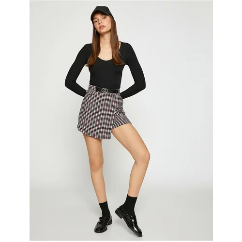Koton Mini Shorts, Skirt, Belt Detailed, Crowbar Pattern.