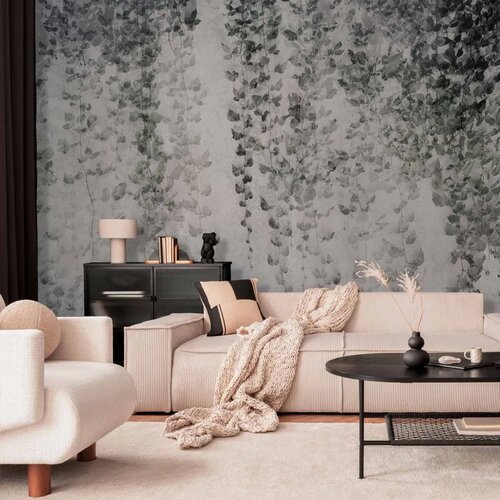  Foto tapeta - Peaceful oasis - landscape of hanging black leaf vines on a grey background 150x105 Cene