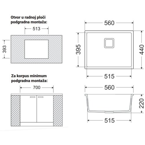 GL granitna sudopera bari 1K crna 560x440x220MM Slike