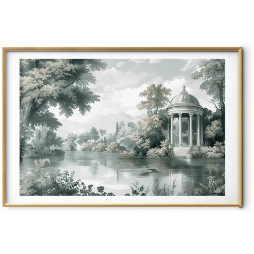  Plakat - Landscape with a Park and Lake in Retro Greens 60x40 Zlatni okvir s margom Slike