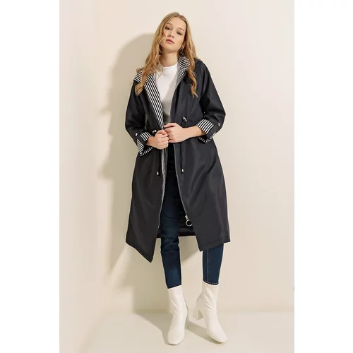 Bigdart 9091 Dark Blue - Trench Coat with Pleated Waist and a Hooded Hood.