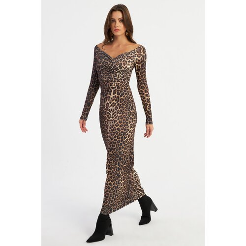 Cool &amp;amp; Sexy Women&amp;#039;s Camel-Black Double Breasted Leopard Maxi New Year&amp;#039;s Dress LIK11 Slike